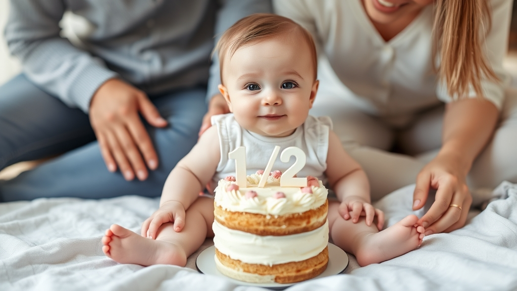 Baby half birthday photo with half cake and decorations