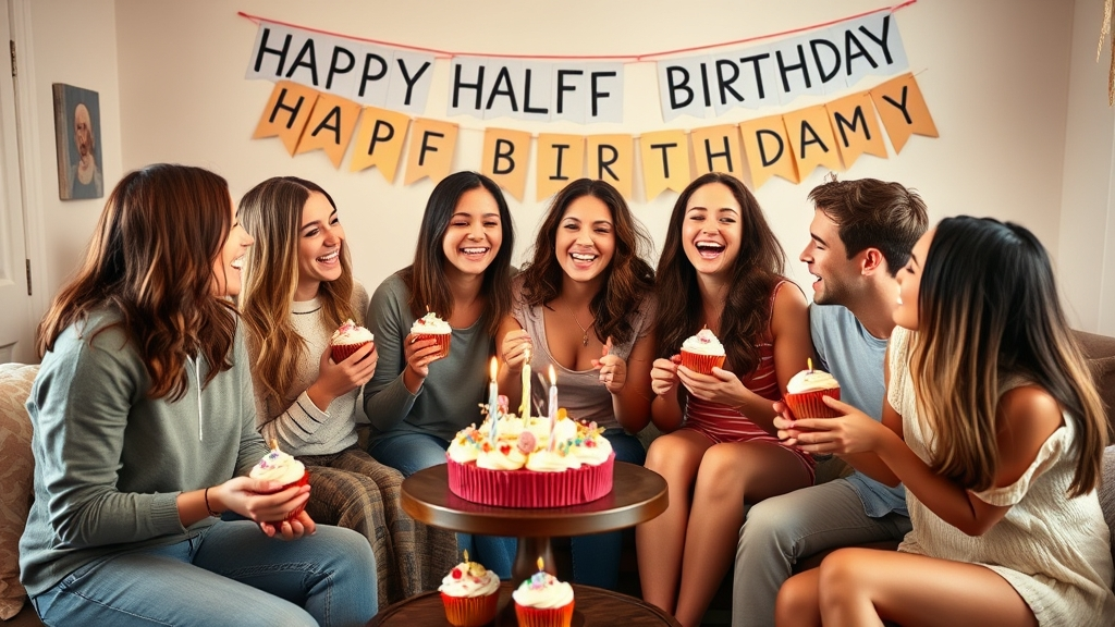 Friends celebrating half birthday with cupcakes and banner