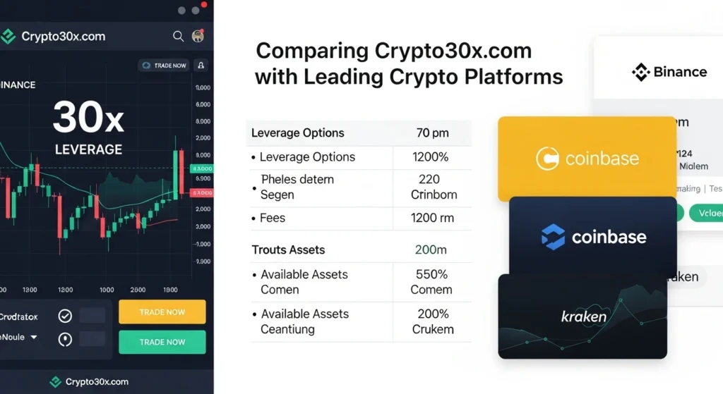 Crypto30x.com trading dashboard with 30x leverage graph on the left. Comparison table shows Crypto30x versus Binance, Coinbase, Kraken on the right