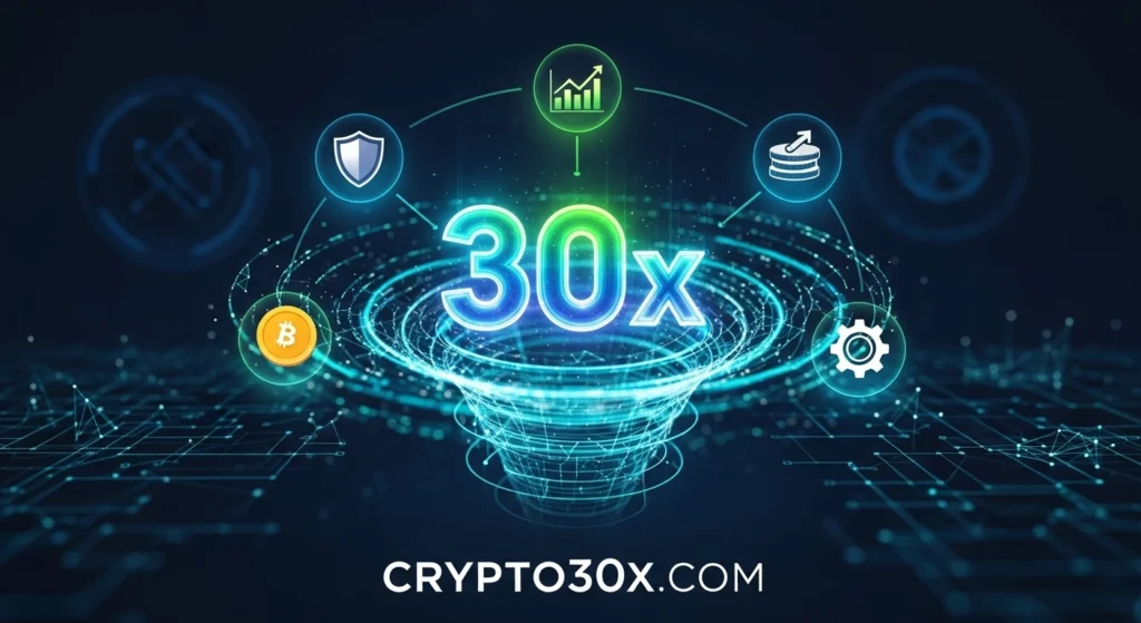 Digital graphic promoting CRYPTO30X.COM, highlighting 30x leverage, instant funding, low fees, and 247 support with cryptocurrency icons and a tech-themed background