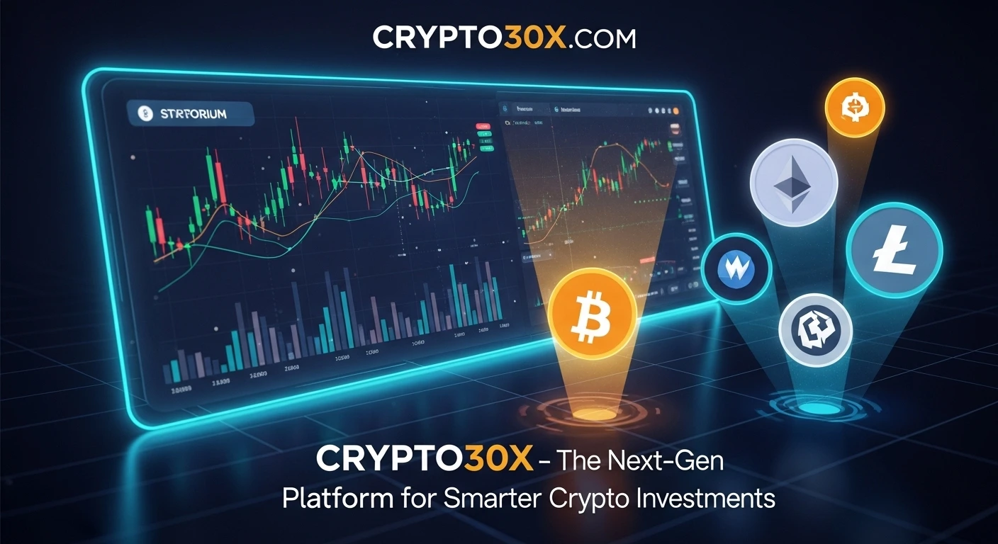 Futuristic crypto trading interface with colorful candlestick charts and icons for Bitcoin, Ethereum, and Litecoin, promoting Crypto30X platform