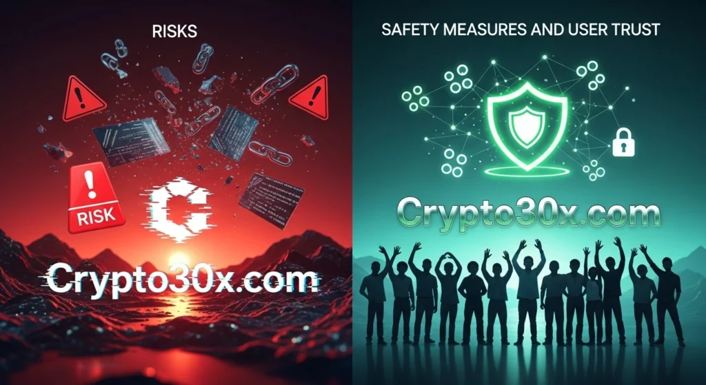 Split image Left shows red-toned RISKS with warning signs, locks, broken shield; Right features green SAFETY MEASURES AND USER TRUST with shield, happy silhouettes