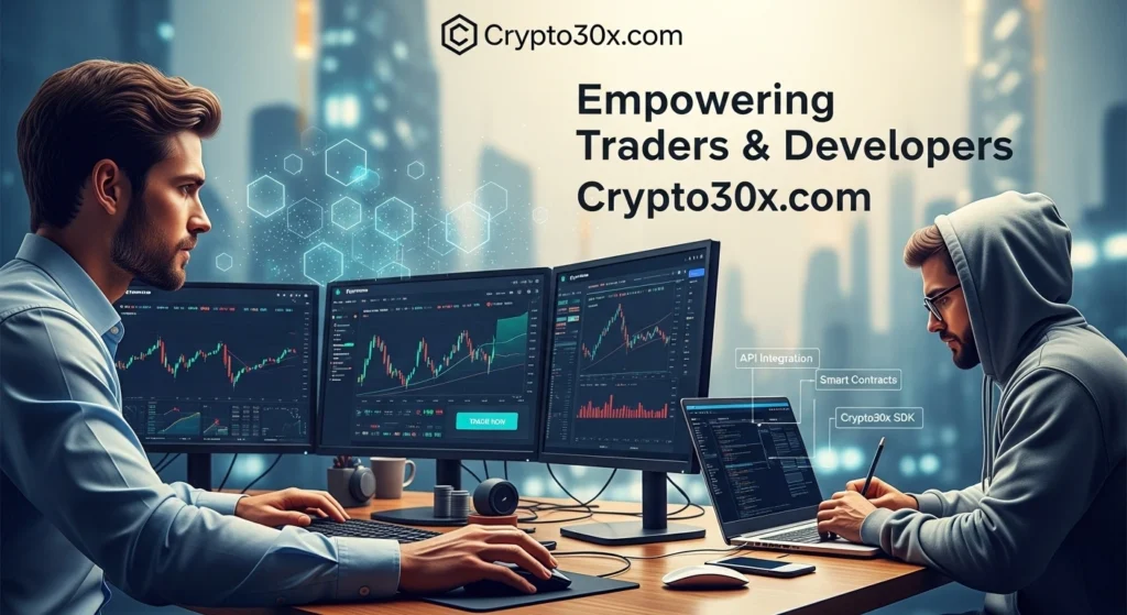 Two men analyze cryptocurrency data on multiple screens in a modern office with cityscape view; text reads Empowering Traders & Developers Crypto30x.com
