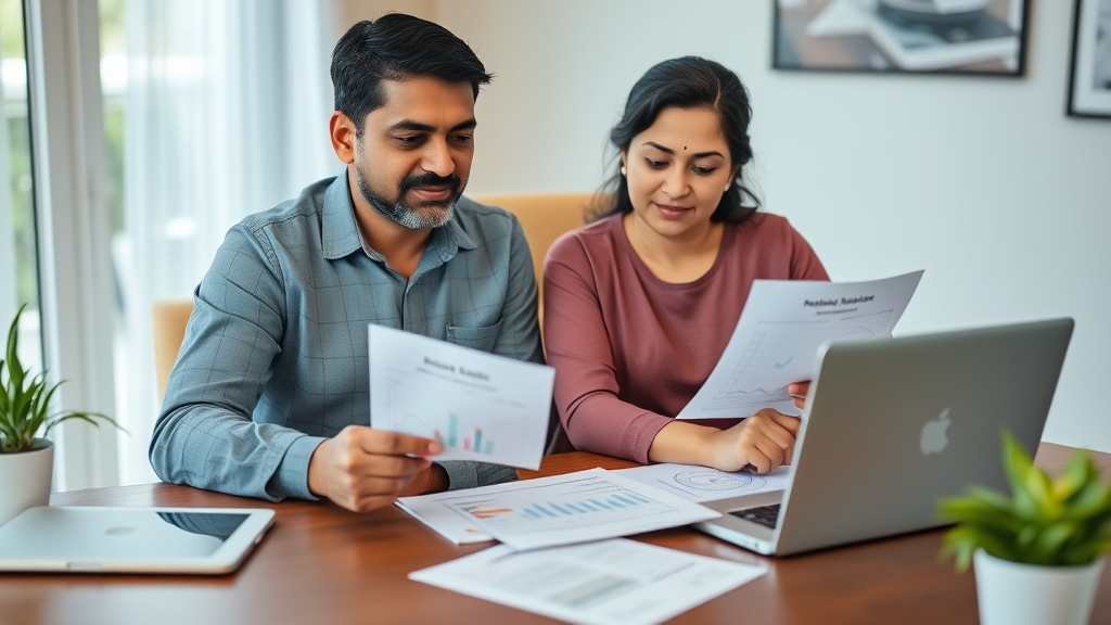Indian couple planning retirement age and pension for 2025, reviewing documents and laptop.