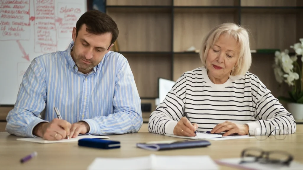 Professional calculating retirement age with calculator and calendar